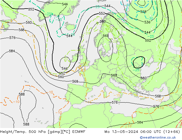 Z500/Rain (+SLP)/Z850 ECMWF Mo 13.05.2024 06 UTC