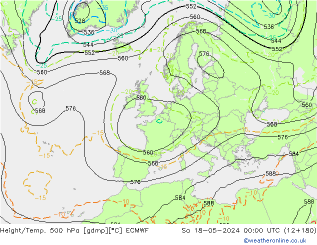 Height/Temp. 500 hPa ECMWF sab 18.05.2024 00 UTC