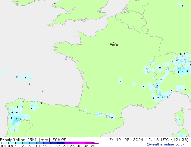 Totale neerslag (6h) ECMWF vr 10.05.2024 18 UTC