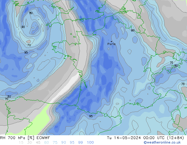 Humidité rel. 700 hPa ECMWF mar 14.05.2024 00 UTC