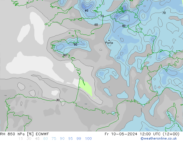 Humidité rel. 850 hPa ECMWF ven 10.05.2024 12 UTC