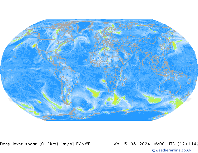Deep layer shear (0-1km) ECMWF mié 15.05.2024 06 UTC