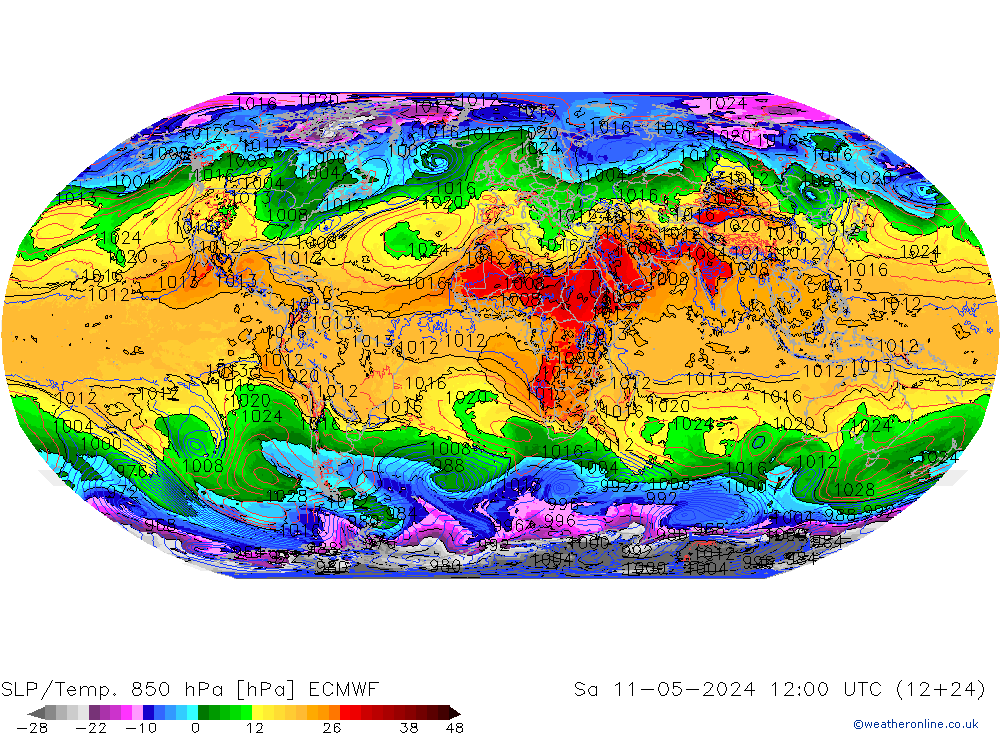 SLP/Temp. 850 hPa ECMWF Sa 11.05.2024 12 UTC