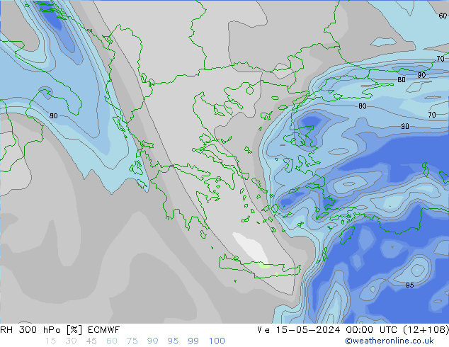 Humidité rel. 300 hPa ECMWF mer 15.05.2024 00 UTC