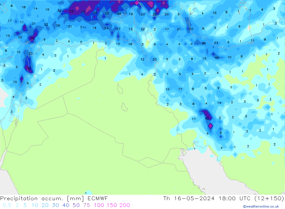 Precipitation accum. ECMWF Čt 16.05.2024 18 UTC