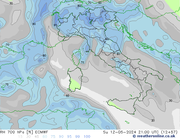 Humidité rel. 700 hPa ECMWF dim 12.05.2024 21 UTC