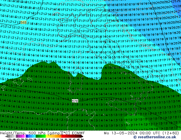 Z500/Rain (+SLP)/Z850 ECMWF lun 13.05.2024 00 UTC