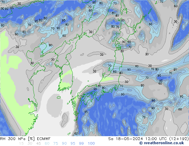 Humidité rel. 300 hPa ECMWF sam 18.05.2024 12 UTC