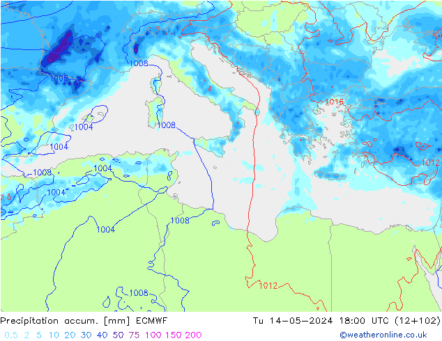 Precipitation accum. ECMWF Tu 14.05.2024 18 UTC