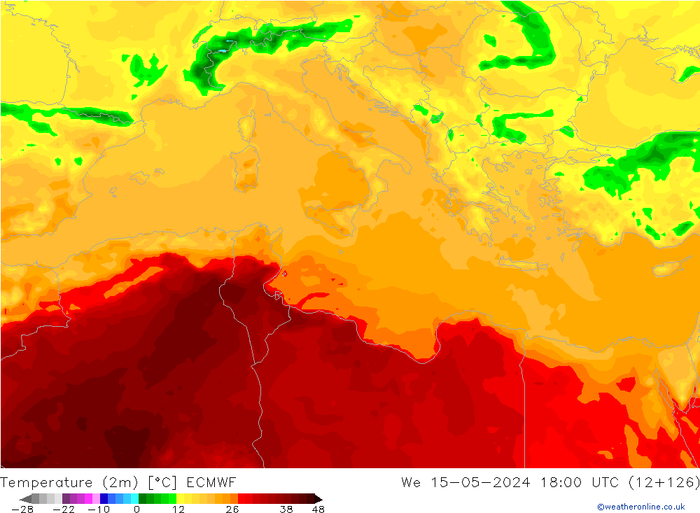 Temperaturkarte (2m) ECMWF Mi 15.05.2024 18 UTC