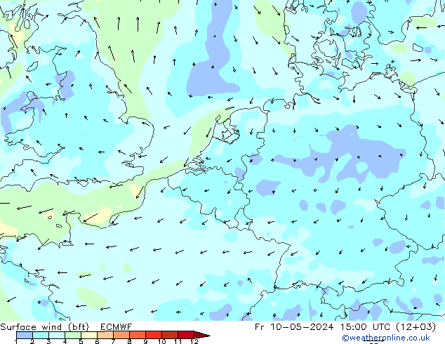 Viento 10 m (bft) ECMWF vie 10.05.2024 15 UTC