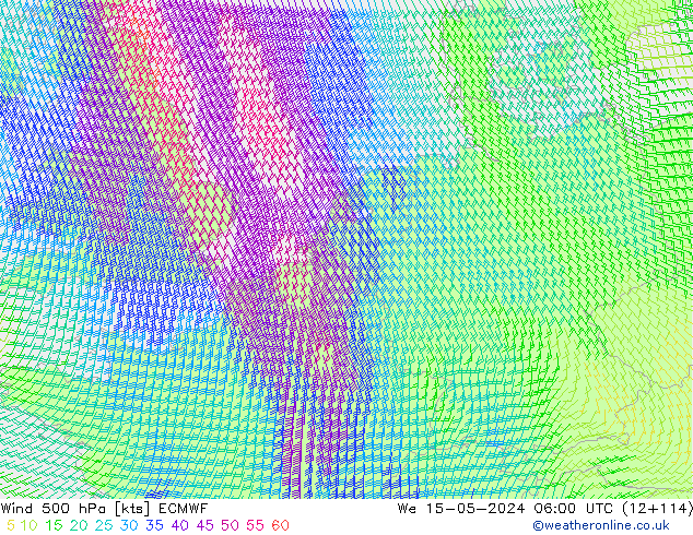 Vento 500 hPa ECMWF mer 15.05.2024 06 UTC