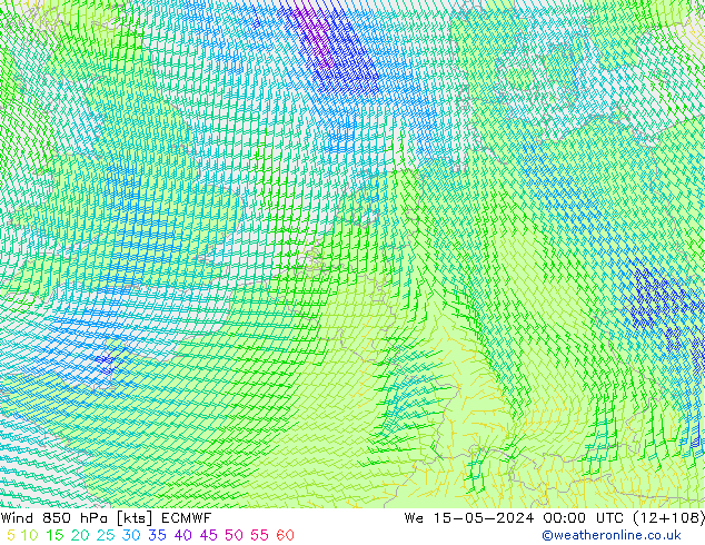 Vento 850 hPa ECMWF mer 15.05.2024 00 UTC
