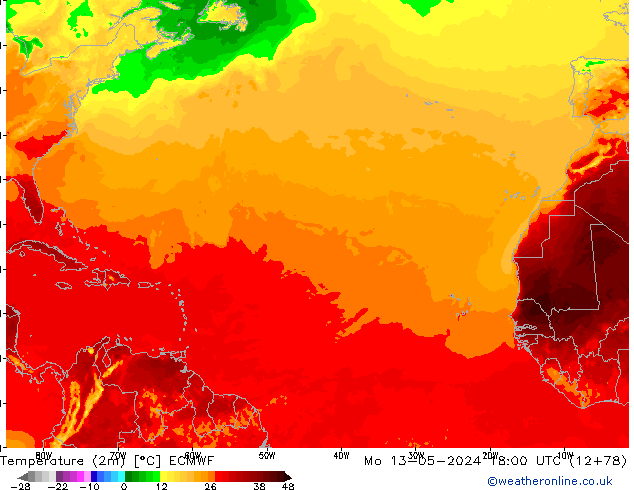 Temperature (2m) ECMWF Mo 13.05.2024 18 UTC