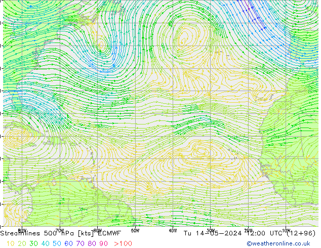 Streamlines 500 hPa ECMWF Tu 14.05.2024 12 UTC