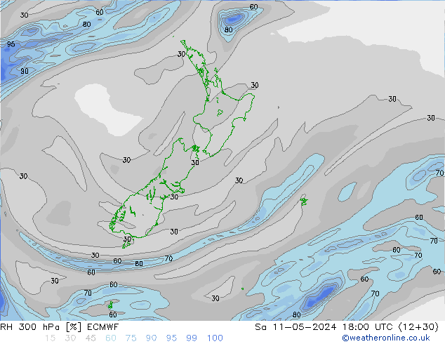 RH 300 гПа ECMWF сб 11.05.2024 18 UTC