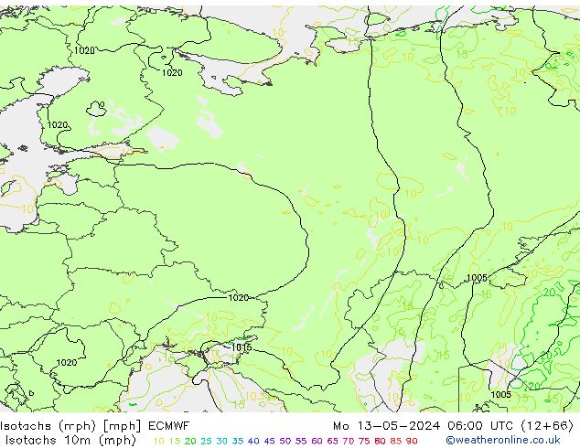 Isotachs (mph) ECMWF  13.05.2024 06 UTC