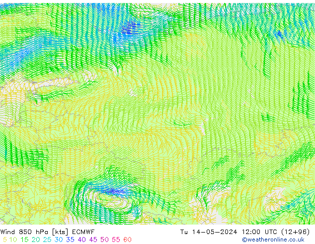 Wind 850 hPa ECMWF Tu 14.05.2024 12 UTC