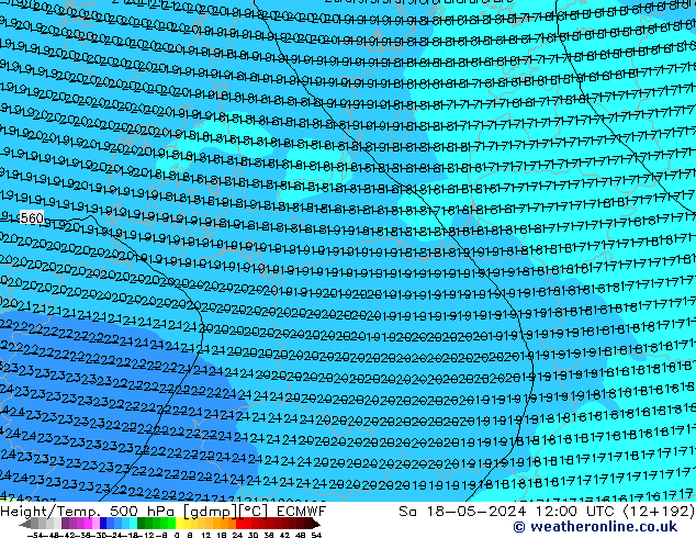 Height/Temp. 500 hPa ECMWF Sa 18.05.2024 12 UTC