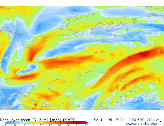 Deep layer shear (0-6km) ECMWF сб 11.05.2024 12 UTC