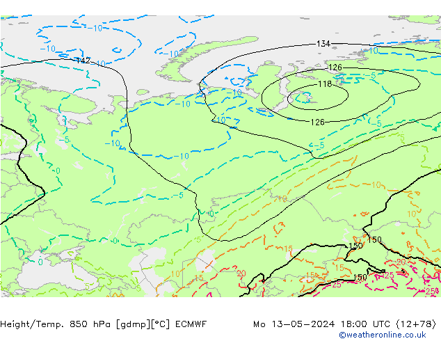 Z500/Rain (+SLP)/Z850 ECMWF pon. 13.05.2024 18 UTC