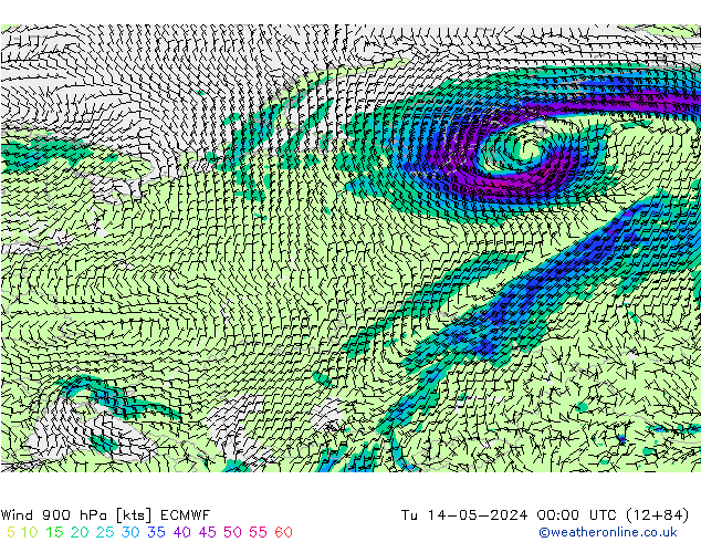 Wind 900 hPa ECMWF Út 14.05.2024 00 UTC