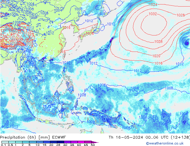 Precipitation (6h) ECMWF Th 16.05.2024 06 UTC