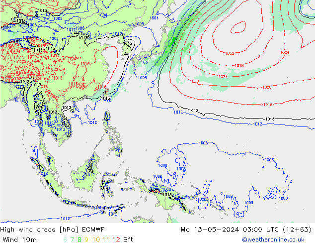 High wind areas ECMWF lun 13.05.2024 03 UTC