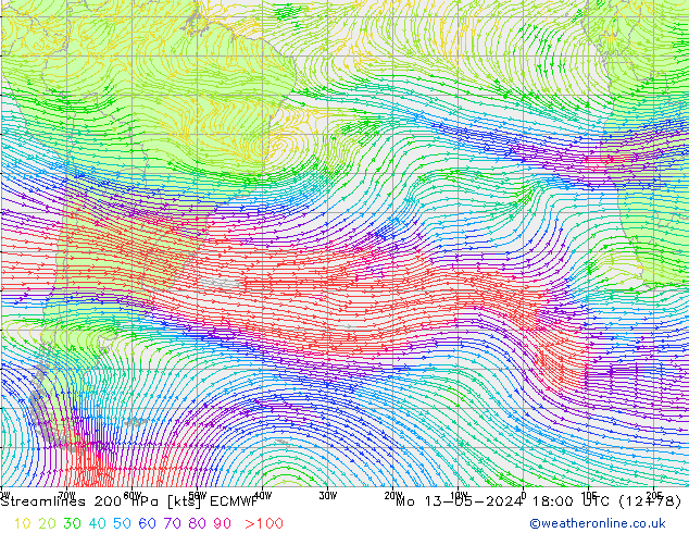 Streamlines 200 hPa ECMWF Mo 13.05.2024 18 UTC