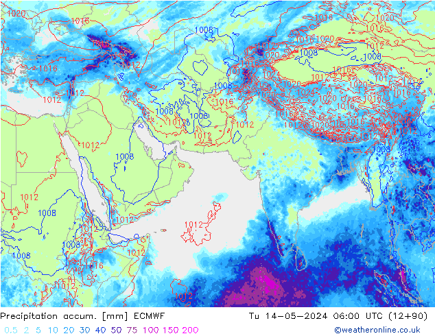 Precipitation accum. ECMWF Út 14.05.2024 06 UTC