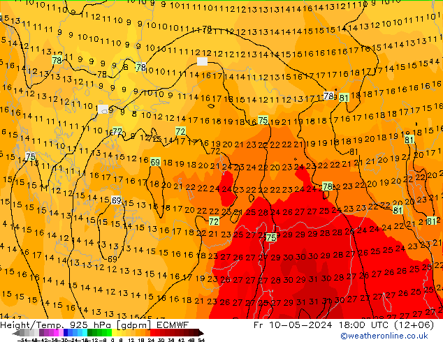 Geop./Temp. 925 hPa ECMWF vie 10.05.2024 18 UTC