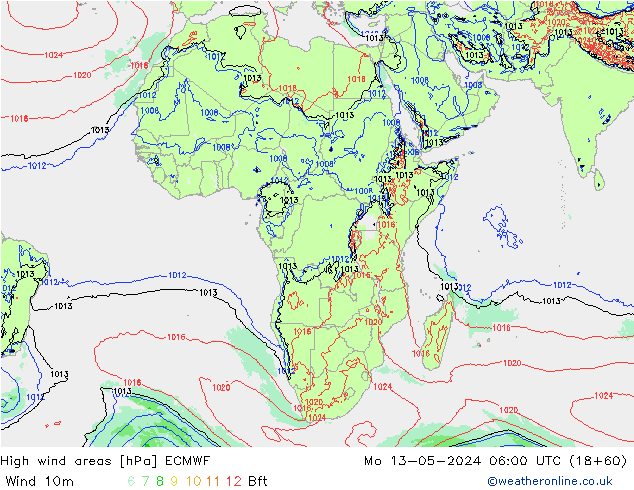Izotacha ECMWF pon. 13.05.2024 06 UTC