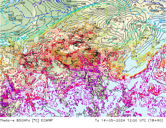 Theta-e 850hPa ECMWF mar 14.05.2024 12 UTC