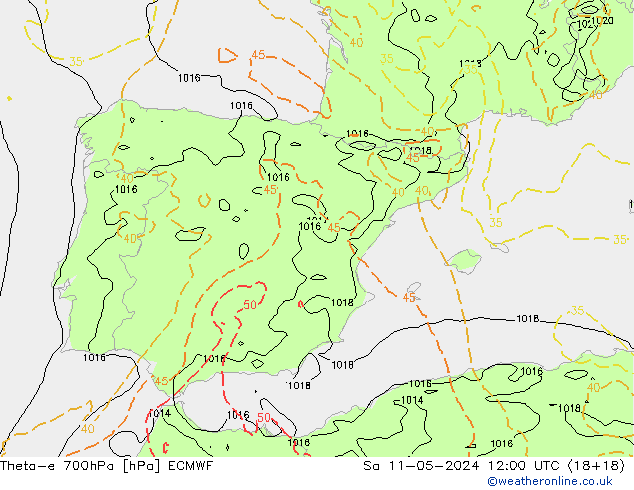 Theta-e 700hPa ECMWF Sa 11.05.2024 12 UTC