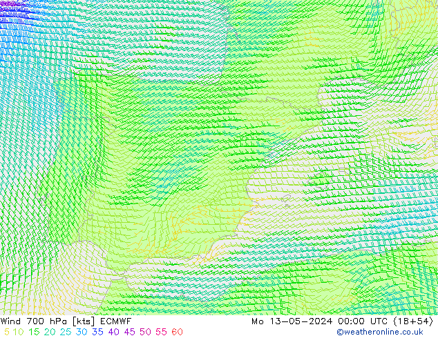 Wind 700 hPa ECMWF Mo 13.05.2024 00 UTC