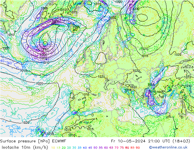 Isotachen (km/h) ECMWF Fr 10.05.2024 21 UTC