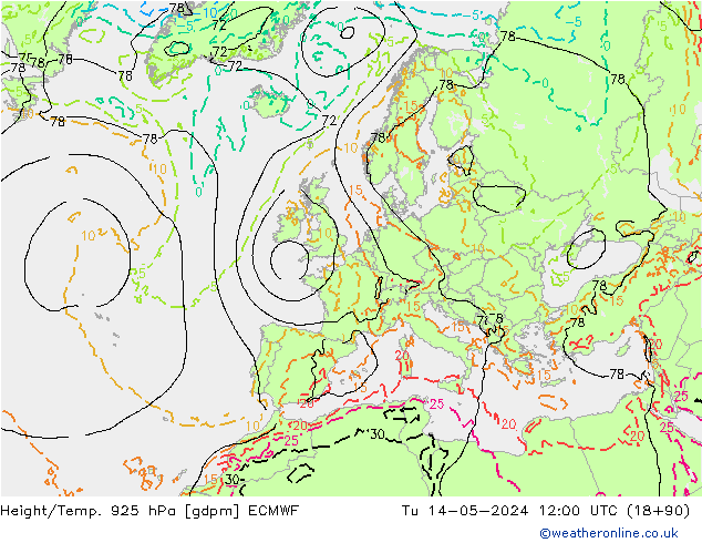 Height/Temp. 925 hPa ECMWF Tu 14.05.2024 12 UTC