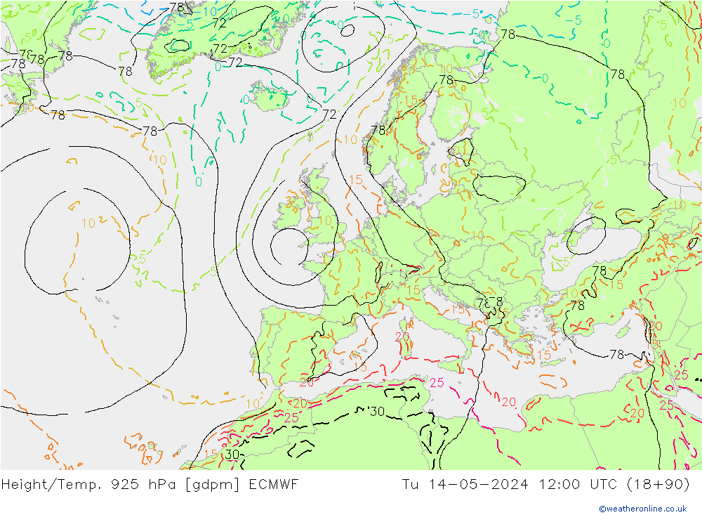 Height/Temp. 925 hPa ECMWF mar 14.05.2024 12 UTC