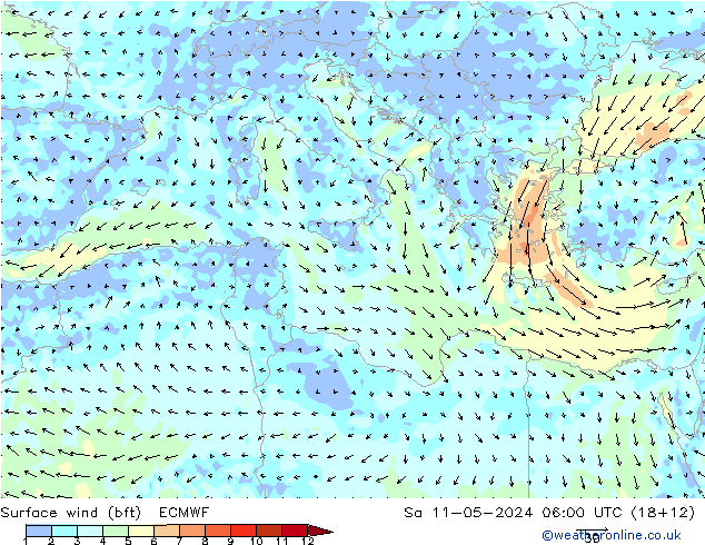 Vent 10 m (bft) ECMWF sam 11.05.2024 06 UTC