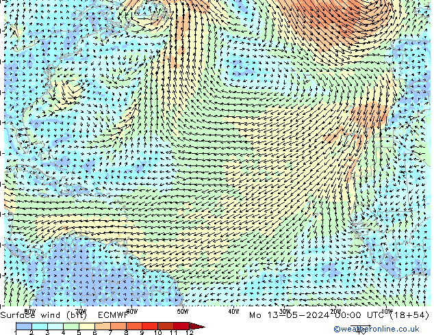 Surface wind (bft) ECMWF Mo 13.05.2024 00 UTC