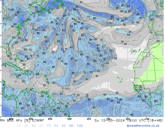 RH 850 hPa ECMWF dom 12.05.2024 18 UTC