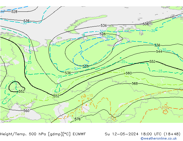 Z500/Rain (+SLP)/Z850 ECMWF  12.05.2024 18 UTC