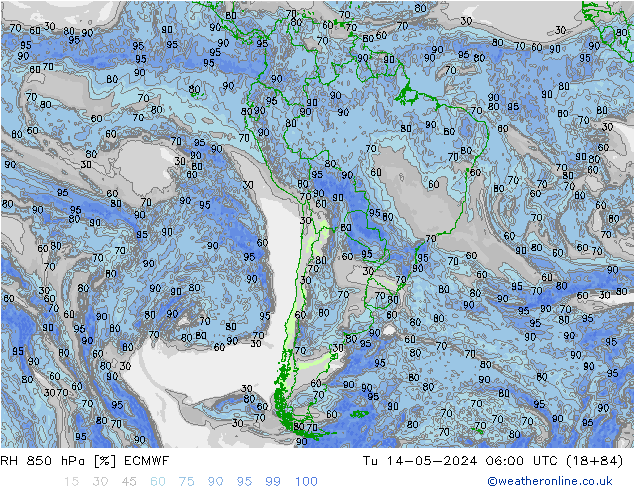 RH 850 hPa ECMWF mar 14.05.2024 06 UTC