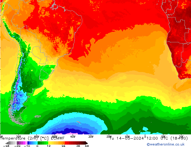 mapa temperatury (2m) ECMWF wto. 14.05.2024 12 UTC