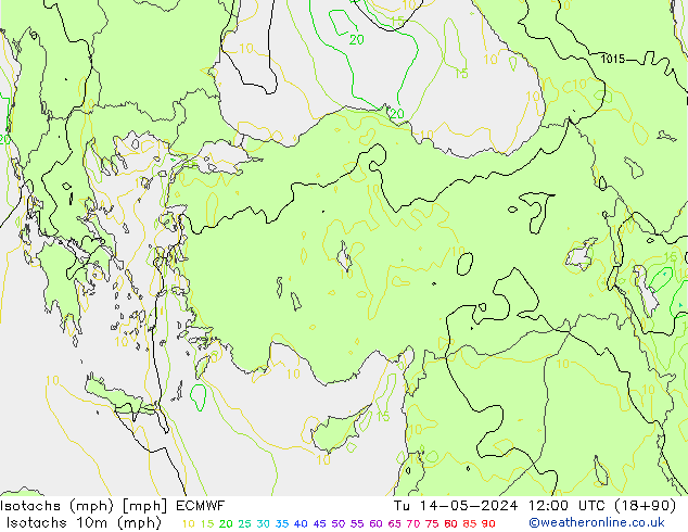 Isotachs (mph) ECMWF вт 14.05.2024 12 UTC