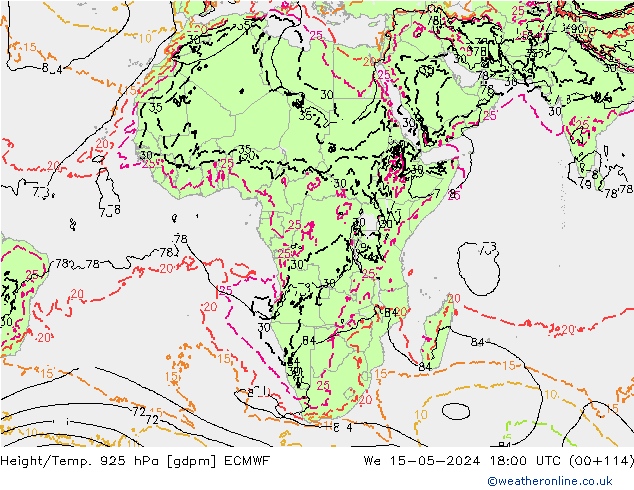 Height/Temp. 925 hPa ECMWF śro. 15.05.2024 18 UTC