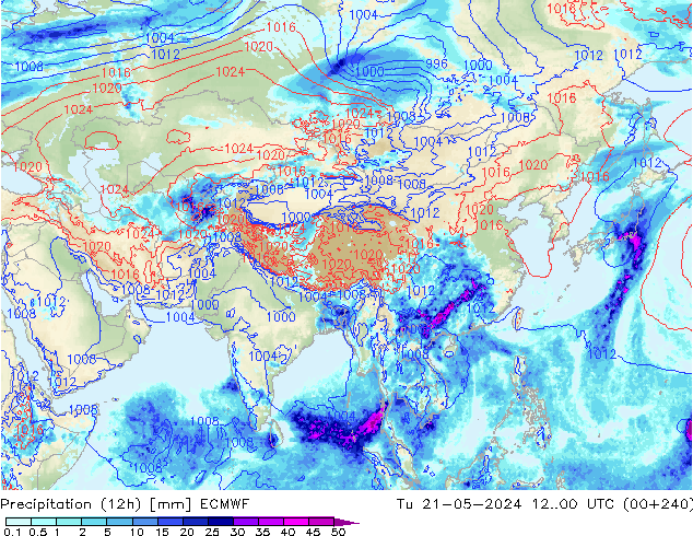 Precipitation (12h) ECMWF Tu 21.05.2024 00 UTC