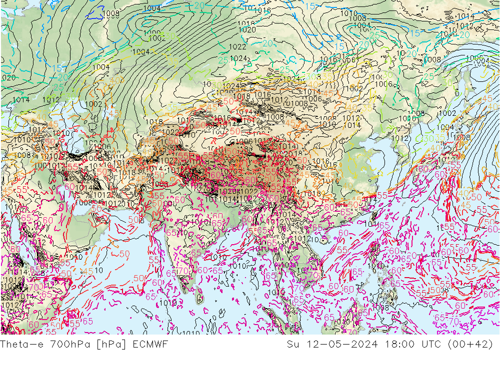 Theta-e 700hPa ECMWF nie. 12.05.2024 18 UTC