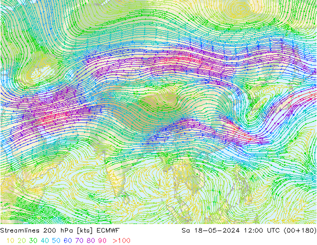 Linea di flusso 200 hPa ECMWF sab 18.05.2024 12 UTC