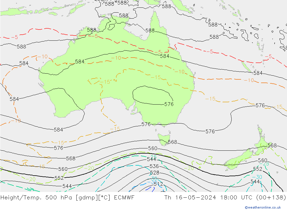 Height/Temp. 500 hPa ECMWF Čt 16.05.2024 18 UTC
